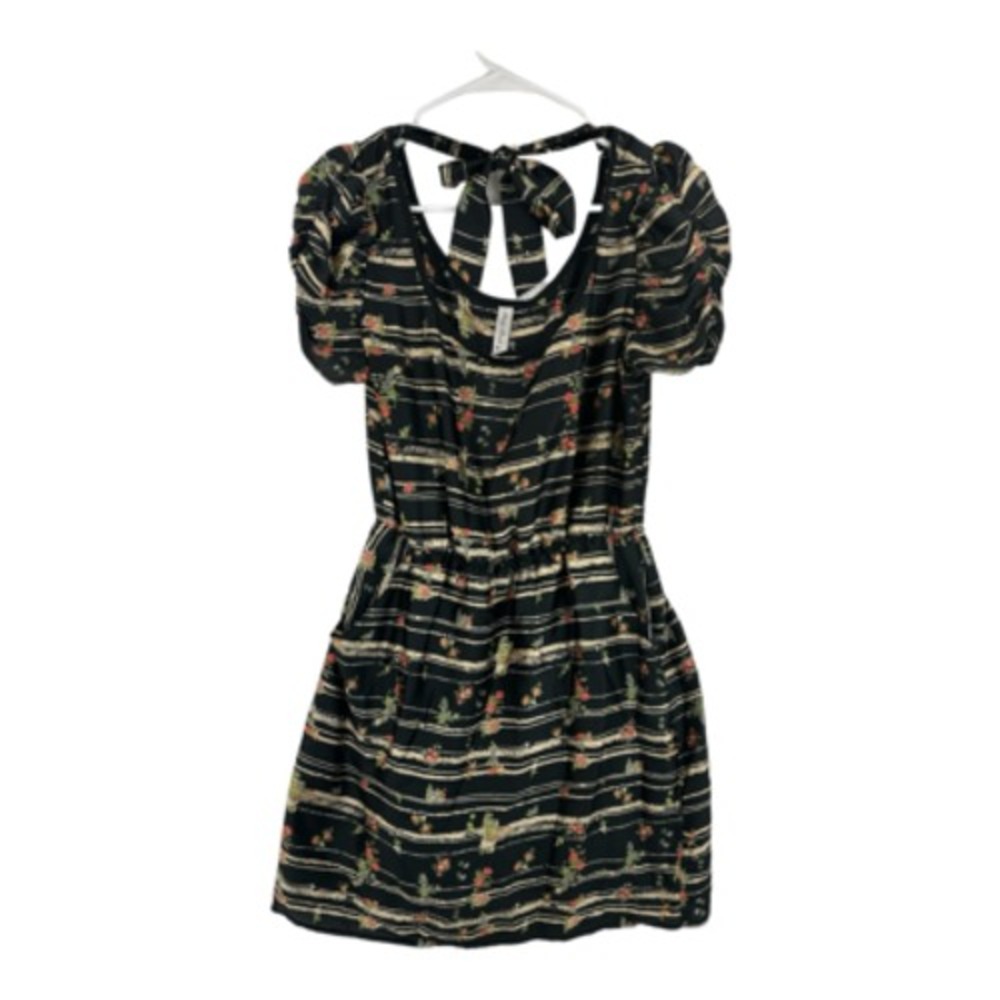 Final Touch Womens A Line Dress Multicolor Floral Ruched Short Puff Sleeve Bow M